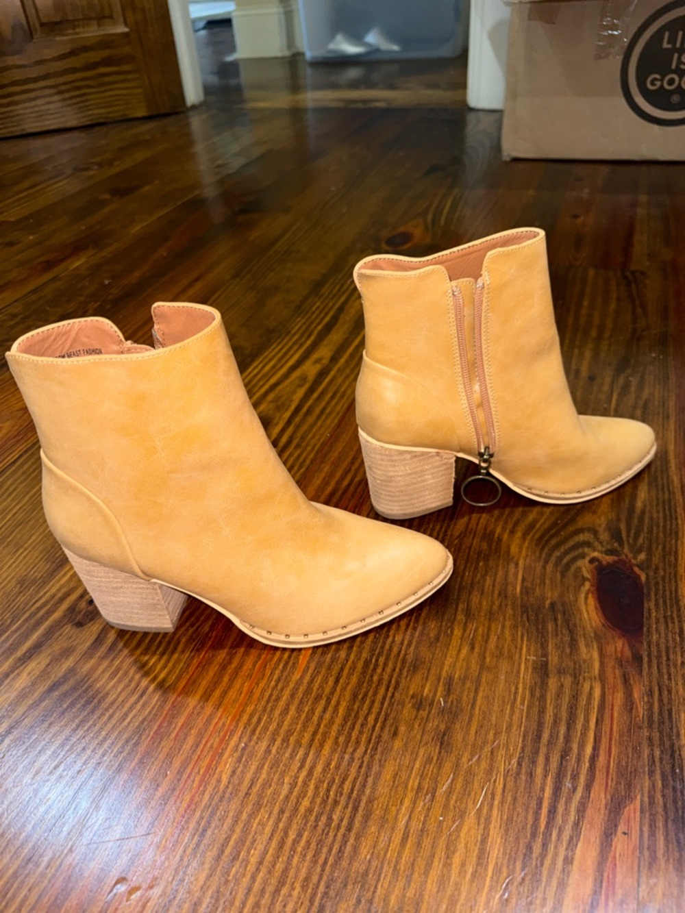 BEAST FASHION Tan Block Heel Ankle Booties with Side Zip